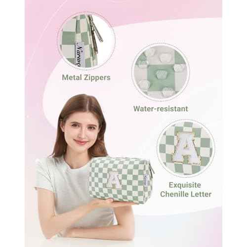 Narwey Initial Makeup Bag for Teen Girls Kids Trendy Stuff 6 8 10 11 12 13 14 16 18 Years Old, Personalized Monogram Cosmetic Toiletry Bag, Birthday Gifts for Women Tween (Green A)
