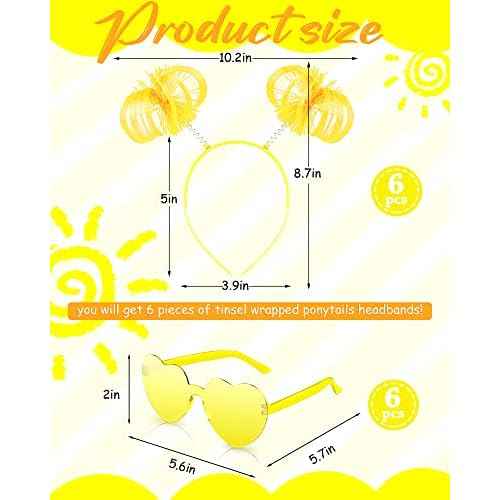 12 Pcs Pom Pom Headband Tinsel Wrapped Ponytail Headband with Heart Sunglasses Costume Halloween Cosplay Hair Party Accessory(Yellow)