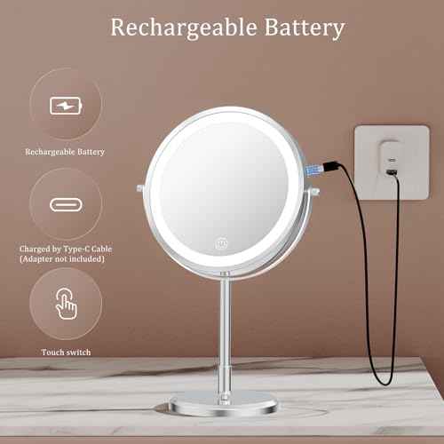 7¡± Magnifying Mirror with Lights,1X/10X Double Sided Lighted Makeup Mirror with Magnification, Rechargeable Battery, Dimmable, 3 Lighting Colors, Chrome