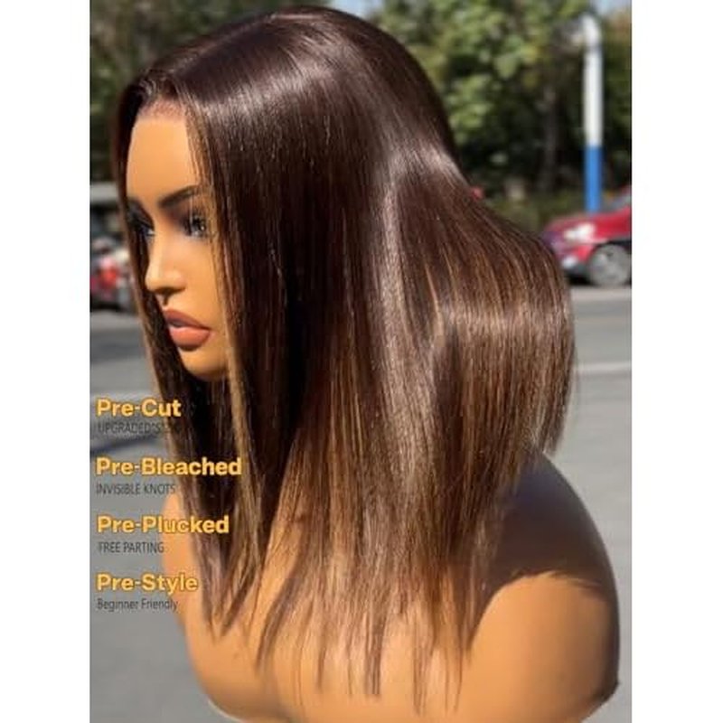 Sunber Ombre Brown Highlights Blonde Bob Human Hair Glueless Wig Bye Bye Knots Pre Everything 7x5 Lace Front Bob Wigs Pre Cut Lace Pre Plucked Pre Bleached Knots 150% Density 3S Put On and Go 10Inch