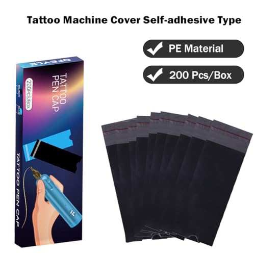 200Pcs Tattoo Machine Covers Self-adhesive Type 2.5¡¿7.4 Inch Tattoo Pen Covers Machine Bags Sleeves for Tattoo Supplies Accessories (Black)