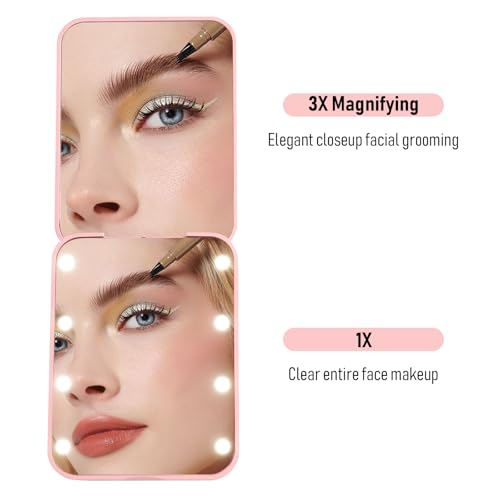 Compact Mirror, 1x/3x Magnifying LED Pocket Mirror, Small Lighted Travel Makeup Mirror for Purse, Handbag, Folding, Handheld, 2-Sided Mini Mirror with Lights for Women (Pink 1pack)