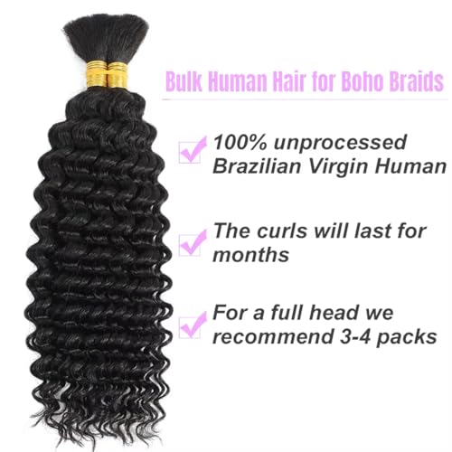 Human Braiding Hair for Boho Braids 22 Inch 110g Deep Wave Bulk Human Hair for Braiding 12A 100% Unprocessed Curly Bulk Bohemian Hair Extensions Natural Color No Weft