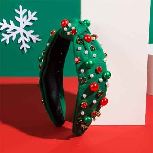 TailaiMei 2Pcs Christmas Rhinestone Knotted Headband for Women, Red & Green Jeweled Crystal Embellished Ladies Twist Wide Hair Band Accessories Holiday Makeup Hair Hoop Gifts (Pearl)