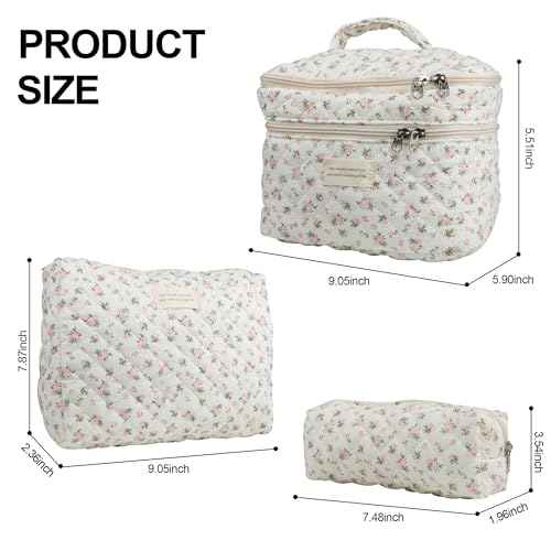 Dual Layer Cute Makeup Bag for Women(3 Pcs), Quilted Floral Coquette Aesthetic Make up Bags, Travel Cosmetic Bags Toiletry Organizer Bag(Pink Rose)