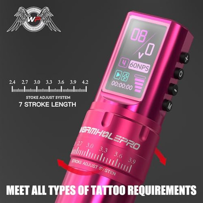 WORMHOLE PRO 7 Adjustable Strokes Tattoo Gun VIRGO Wireless Tattoo Machine with Coreless Motor 1,800 mAh Capacity Replacement Power Supply Digital LED Display Tattoo Pen for Artists CHKP15-A