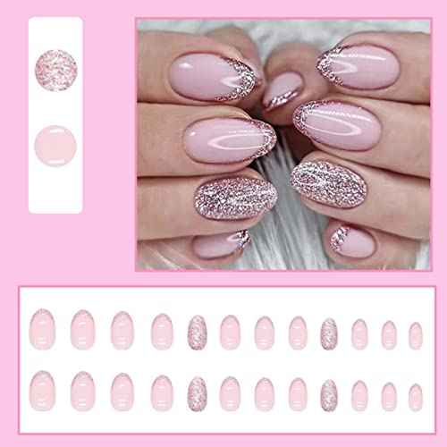 Short Almond False Nails French Press on Nails Bling Fake Nails Acrylic Glossy Cute Nails Tips for Women and Girls 24PCS