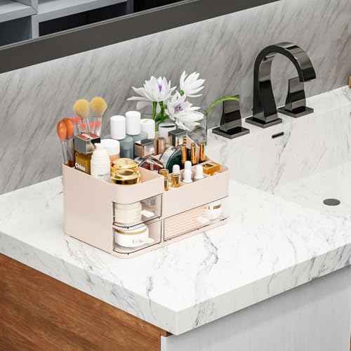SuoXing Pink Makeup Organizer for Vanity,Large Plastic Skincare Organizers With Drawers,Bathroom Counter Organizer Cosmetic Storage for Dresser Top Skin Care,Lotion,Beauty Products and Brush Holder