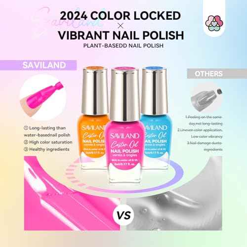 SAVILAND Nail Polish Set Quick-Dry: 24 Summer Color Regular Nail Polish Kit Pink Red Yellow Neon Glitter Nails Polish Non Gel Castor Oil Vitamin E Nail Lacquer Home Set Women