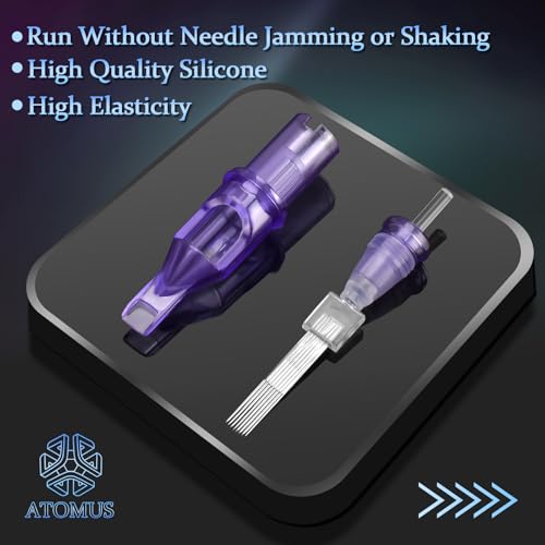 ATOMUS 40pcs Tattoo Cartridge Needles with 20pcs Silicone Ink Cups Size #10 RL RS RM Purple Round Liner Tattoo Needles for Tattoo Gun Pen Liner Pattern (7RM+9RM+11RM+15RM)