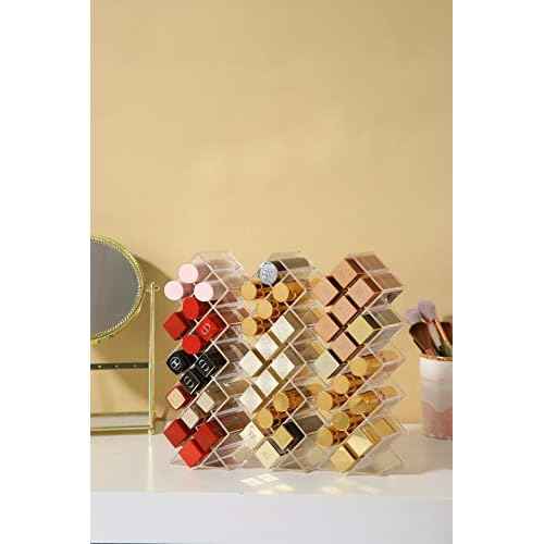 Lipstick Holder Organizer 64 Spaces Acrylic Stackable Fish Shape Lipstick Tower, Lip Gloss Storage Stand, Perfect for Lipgloss Organizers Makeup Vanity Display, Clear (4 Pack)