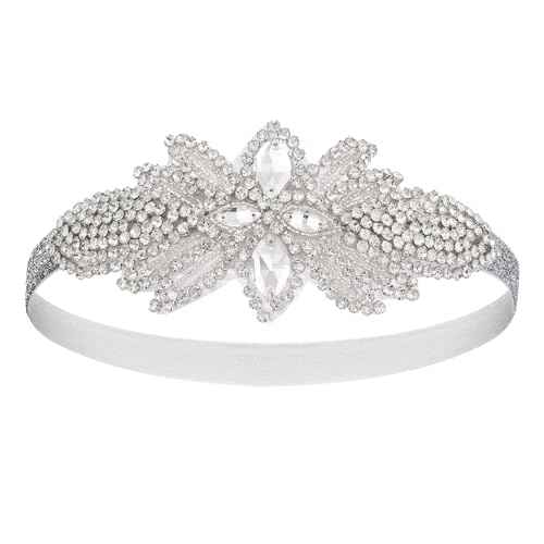 SWEETV 1920s Flapper Headpiece for Women, Rhienstone Roaring 20's Headband Great Gatsby Flapper Hair Accessory for Women,Silver