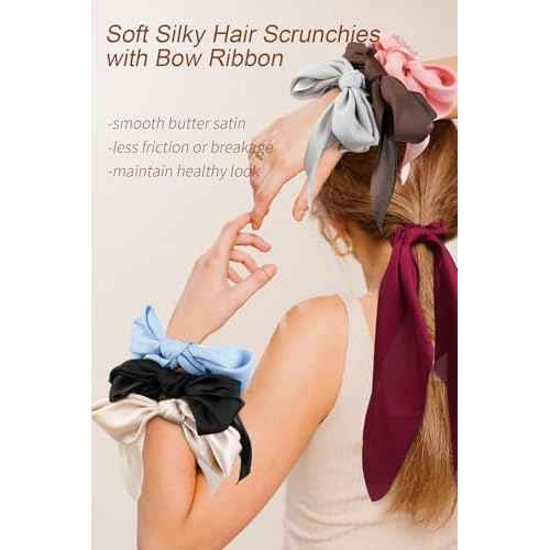 8 PCS Bow Hair Scrunchies Detachable Silky Satin Hair Ties for Women Girls Silk Hair Scrunchies with Long Ribbon Bows Ponytail Holder Elastic Hair Ties Knotted Bow Silk Hair Accessories