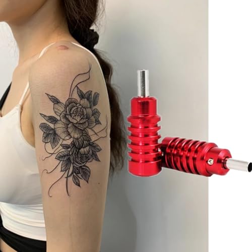 2 Pcs Aluminum Alloy Tattoo Grips Tubes - Lightweight Grip Handles for Tattoo Machine, Ideal for Tattoo Artists & Studio Supplies (Black Red)