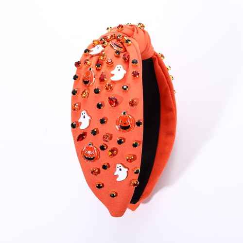 Halloween Headband for Women Spooky Pumpkin Spider Ghost Headband Jeweled Rhinestone Crystal Knotted Headbands Embellished Wide Top Knot Headbands Halloween Hair Accessories Gifts (Ghost&Pumpkin)