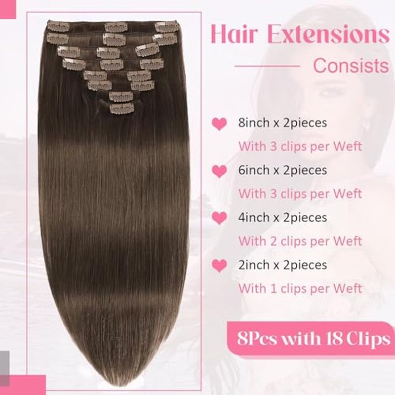 Clip in Hair Extensions Real Human Hair 4.3oz/120g Clip ins 100% Brazilian Remy Human Hair Extension for Women 8pcs Per Set with 18 Clips Double Weft (24 Inch #4 Chocolate Brown)