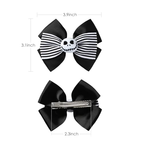 2Pcs Ghost Skull Hair Bows Black White Striped Ribbon Hair Clip Christmas Halloween Accessories Party Decorations