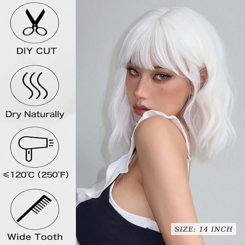 andromeda White Wavy Wig with Bangs Soft Short Bob Wigs for Women Synthetic Shoulder Length Women's Wig for Halloween Costumes Cosplay Daily (White)