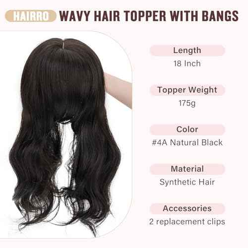 Hairro 18 Inch Long Hair Toppers Wavy with Side Bangs for Women, Clips In Synthetic Hairpieces Capless, for Adding Volume/Birthday/Party/Halloween/Cosplay Dress Up, Natural Black