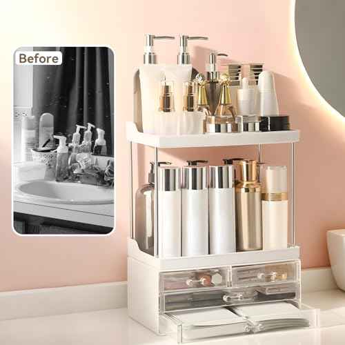 Bathroom Organizers and Storage, 5-Tier 4-Drawer Makeup Organizer Countertop, Multi-Purpose Large Makeup Vanity Organizer, Hair Product, Perfume & Skincare Storage, White