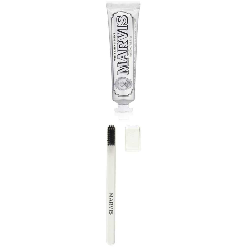 Marvis Whitening Mint Toothpaste - Fresh Breath & Stain Removal | 3.8 Oz & Soft Bristle Toothbrush