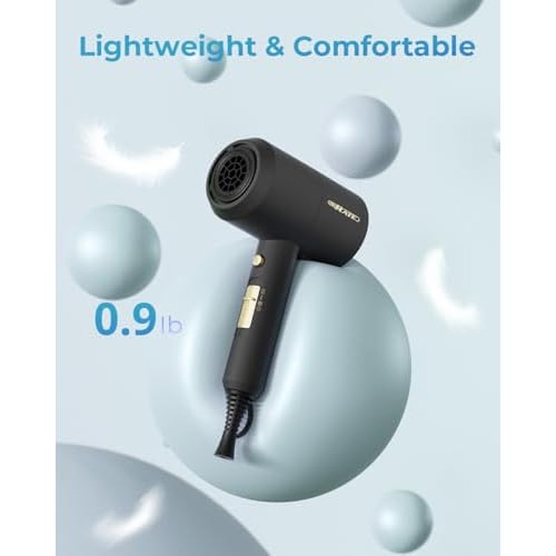 SHRATE Lightweight Ionic Hair Dryer with Diffuser - Powerful 1800W Blow Dryer for Fast Drying - Professional Low Noise Mini Hair Dryer for Travel, Gifts, Hair Styling (Black)