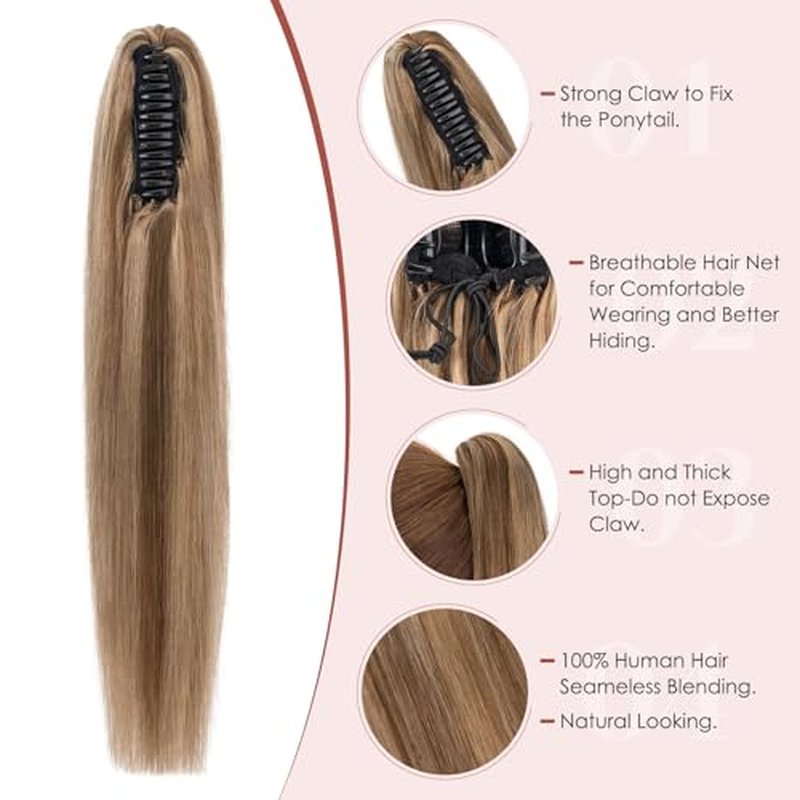 Human Hair Claw Clip Ponytail, Claw Clip Human Hair Ponytail,Effortless Application with Secure Hold,Style in Seconds,Quick Styling Solutions for Busy Lives 18"/113g Medium Brown Mix Dark Blonde