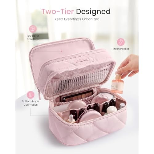 LOVEVOOK Travel Makeup Bag,Large Open Flat Tolietry Bag for Women,Waterproof Portable Cosmetic Pouch,Double Layer Quilted Makeup Bag Organizer With Handle,Travel Essentials,Gift for Her