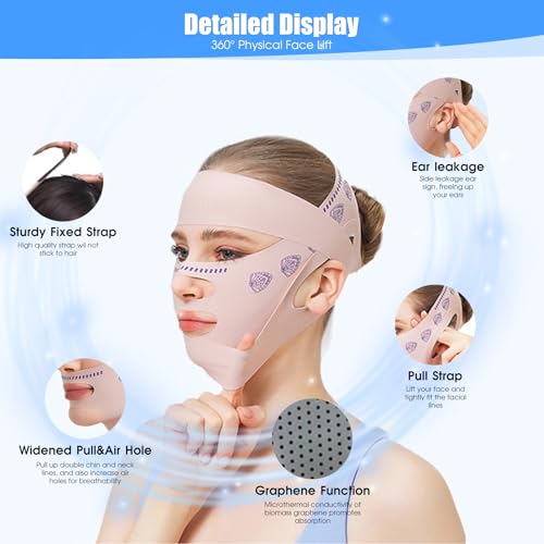 Upgrade V Line Face Lifting Mask, Chin Strap for Sleeping, Mouth Tape for Sleeping Women, Double Chin Reducer Eliminator for Women, Jaw Exerciser, Firming Prevent Sagging (21-27in, Pink)