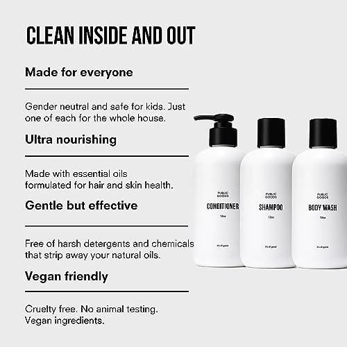 Public Goods Shower Essentials for Men and Women | Natural Shampoo, Conditioner & Body Wash | Made with Organic Essential Oils | Sulfate & Paraben Free | Vegan Friendly | 12 Fl Oz Bottles