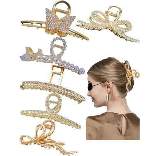 Large Pearl Rhinestone Metal Hair Claw Clips for Thick Hair - Nonslip, Strong Hold, Gold (6 Pcs)