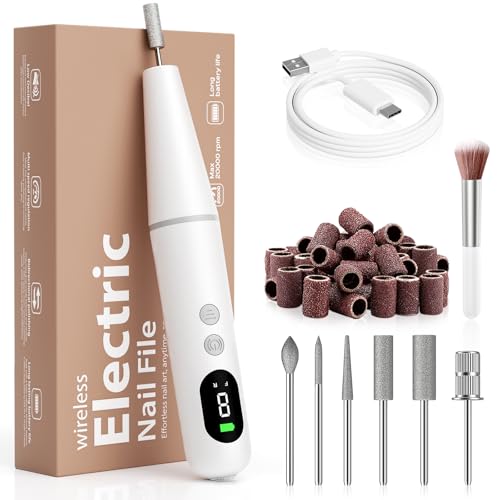 Electric Nail Drill Kit Professional - 9 Speed Cordless Electric Nail File with LED Display, Portable Nail Drill Machine for Acrylic Gel Nails, Hand Feet Trimmer Buffer Tool for Women Men Baby White