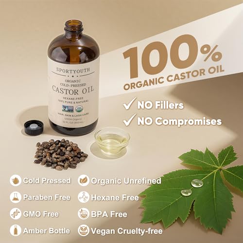 SPORTYOUTH Castor Oil Organic, Cold Pressed, Hexane Free, USDA Certified 100% Pure 32oz Glass Bottle Non-GMO Unrefined Carrier Oil for Hair Growth, Castor Oil Pack, Eyelashes, Brows, Skin, Face