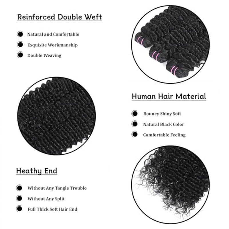 15A Raw Human Hair Bundles Deep Wave Bundles Human Hair,Triple Lifespan Indian Virgin Hair,No Tangle Shedding,Multiple Washes Keep Texture Silky Soft (3 Bundle Natural Black, 16 18 20)