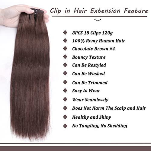 Clip in Hair Extensions Real Human Hair Chocolate Brown Hair Extensions Clip in Human Hair 8 Pcs 120g Straight Remy Hair Extensions(4,14inch)