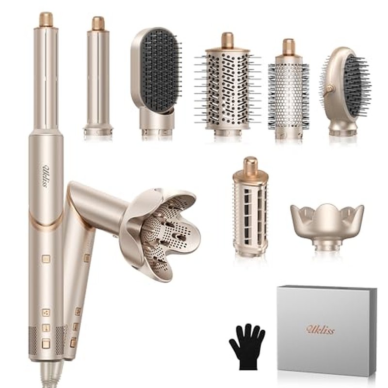 Ukliss 8 in 1 Hair Dryer Brush & Multi Hot Air Styler?Foldable 110,000 RPM Blow Dryer Brush Tool Set with Diffuser Auto-Wrap Curler for Fast Drying Curling Straightening Hair Daily Styling (1.25'')