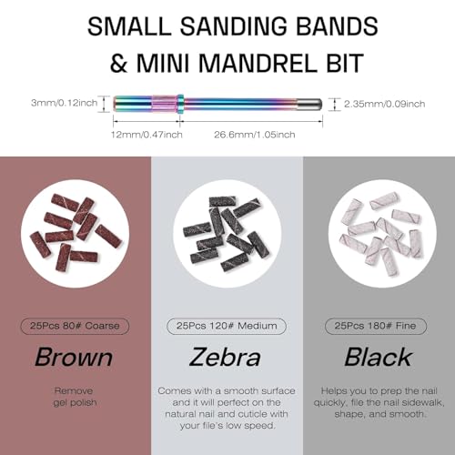 Depvko 10pcs Carbide Nail Drill Bits Set: Professional Cuticle Bit for Efile Nail Drill with 75pcs Small Sanding Bands (#80#120#180) & Mandrel Bit Acrylic Gel Nail Remover Tool Manicure Pedicure Kit