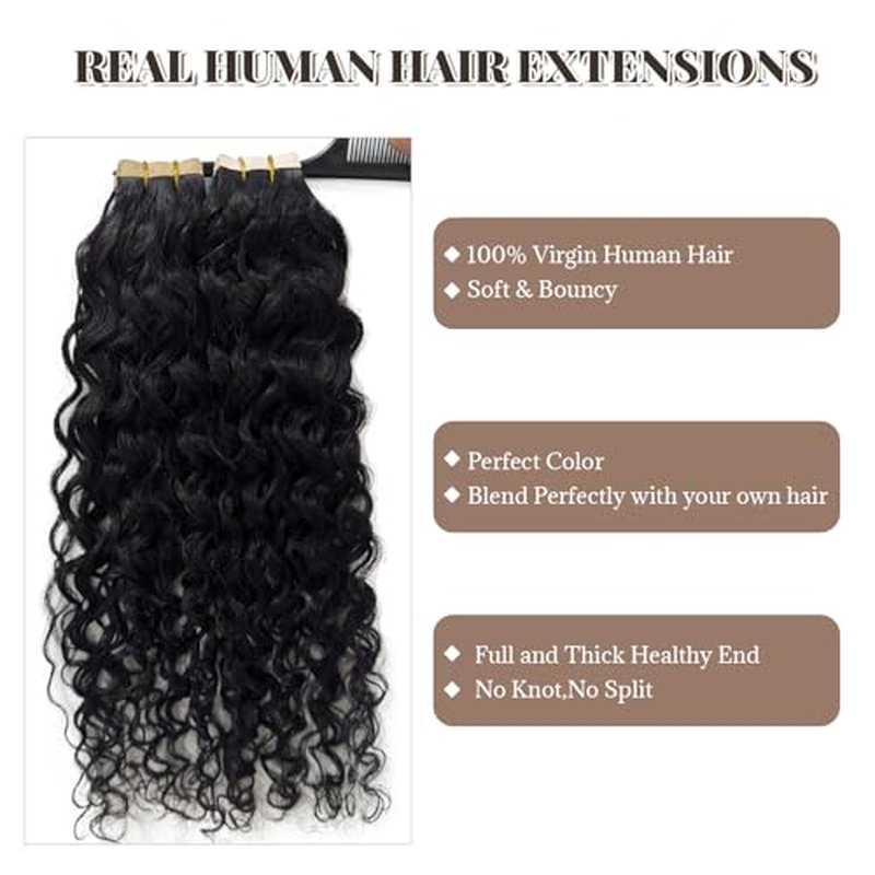 Water Wave Tape in Hair Extensions Human Hair, Natural Black Hair Extensions Real Remy Human Hair Tape ins for Black Women, 24 Inch 100g/pack 40pcs Double Sided Invisible Tape Hair Extension