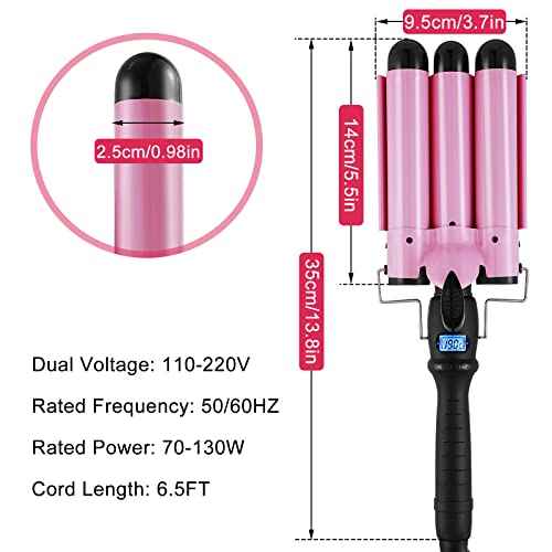3-Barrel Curling Iron Ceramic Tourmaline Crimper with LCD Display & Dual Voltage Crimper Hair Tool for Women Beach Waves with Adjustable Temp (Pink)