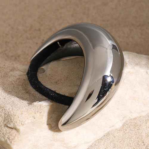 Stainless Steel Arch Hair Cuffs Hair Ties, 18K Gold Chunky Ponytail Cuff Hairties, Women Glossy Ponytail Holders Elastic Hair Bands,Geometric Gold and Silver Hair Accessories (Large Size Silver)