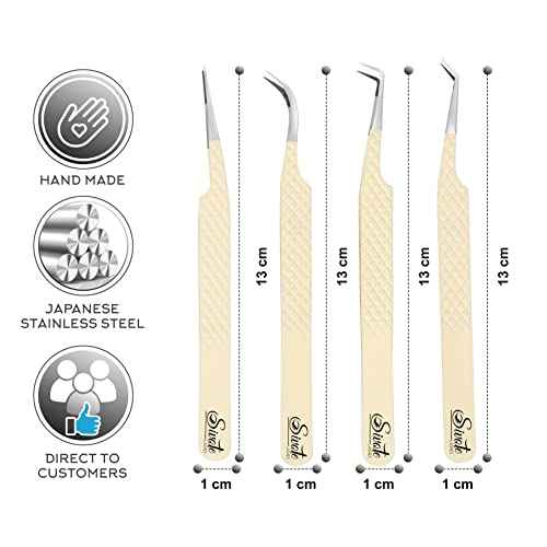 SIVOTE Fiber Tips Lash Tweezers for Eyelash Extensions, Set of 4, Curved, Dolphin, 90 Degree & 45 Degree Tweezer, Vanilla
