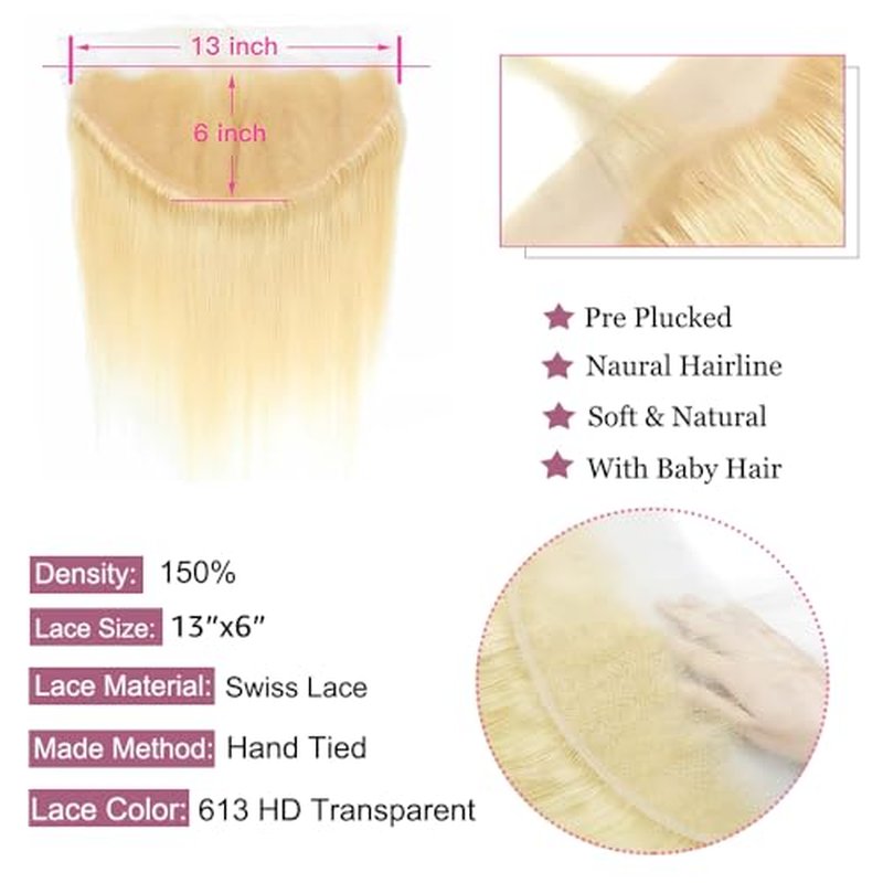 613 Frontal Straight 13x6 Transparent HD Lace Frontal Closure 12A Brazilian Virgin Remy Hair Free Part Ear to Ear Blonde Frontal Human Hair For Women Pre Plucked With Baby Hair 150% 18 Inch