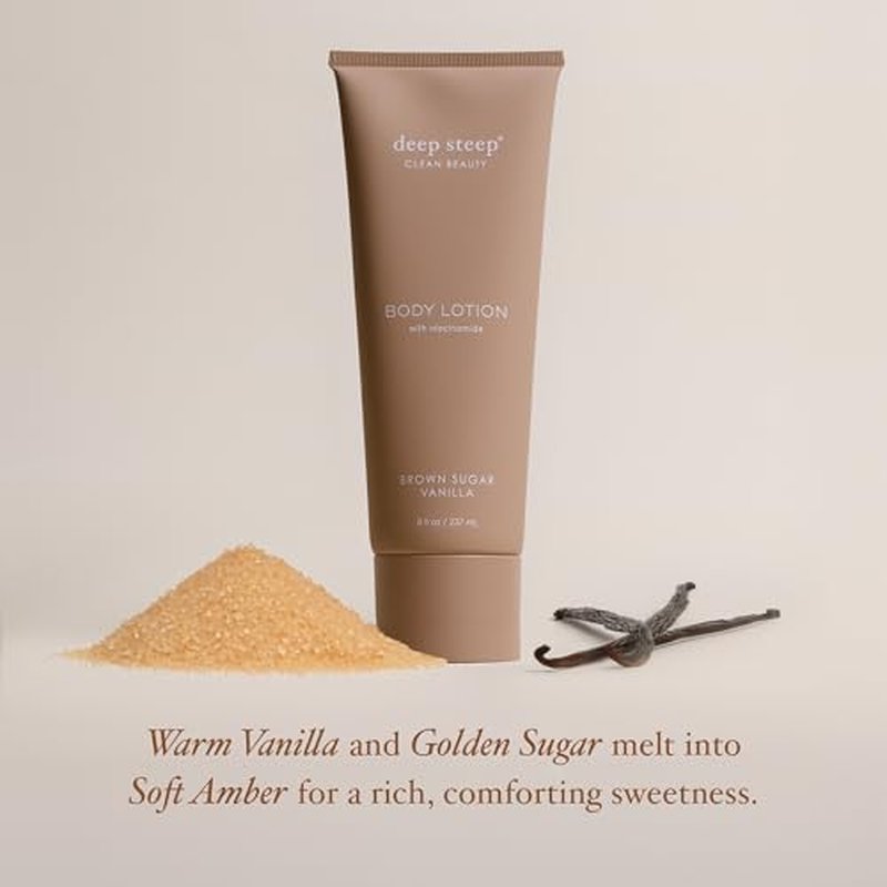 Deep Steep Body Lotion, Brown Sugar Vanilla, 8 oz ? Moisturizer with Coconut Oil, Shea Butter, Argan Oil, Aloe Vera & Niacinamide ? Vegan, Clean Beauty, Daily Skin Hydration