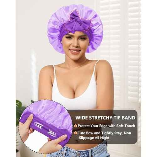Satin Bonnet for Women Silk Bonnets for Sleeping Curly Hair Bonnet with Elastic Tie Band Reversible Double Layer Sleep Cap Hair Wrap (Purple)
