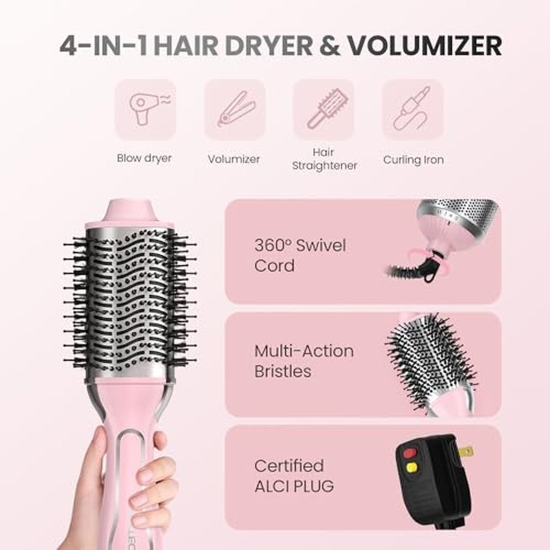 PRITECH 1000W Dual Voltage Ceramic Ionic Hair Dryer Brush,4-in-1 Hot Air Styler & One Step Volumizer for Straight & Curly Hair Salon (110-120V/220-240V),Blush Silver
