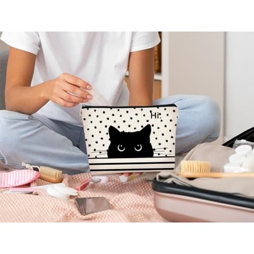 Cat Makeup Bag - Black Cat Purse, Small Cute Makeup Bag Cosmetic Bag For Women & Teen Girls, Cat Lady Gifts For Women (Polka Dot)