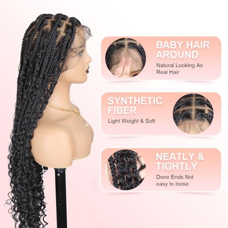 36 Inch Full Lace Boho Braided Wigs for Black Women, 360¡Æ HD Single-layer Square Knotless Box Braid Wig with Baby Hair Handmade Synthetic Hair Blended Lace Front Wig Natural Black
