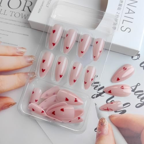 24Pcs Heart Press on Nails Medium Almond Fake Nails Valentines Glue on Nails Nude Pink Full Cover False Nails Red Love Hearts Artificial Acrylic Nails Stiletto Stick on Nails for Valentines Nails