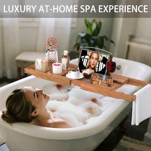 Premium Teak Bathtub Tray Caddy, Expandable Wooden Bath Tray for Tub,Luxury Bathroom Accessories,Great House Warming, Anniversary & Wedding and Birthday Gifts