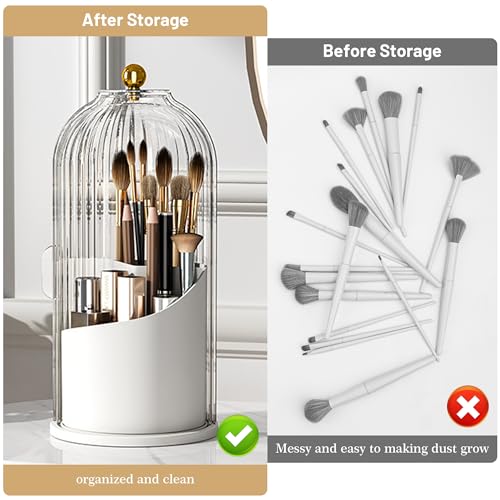 1PCS Makeup Brush Holder Organizer with Clear Lid 360 Rotating Sliding Opening Dustproof Brushes Container for Vanity